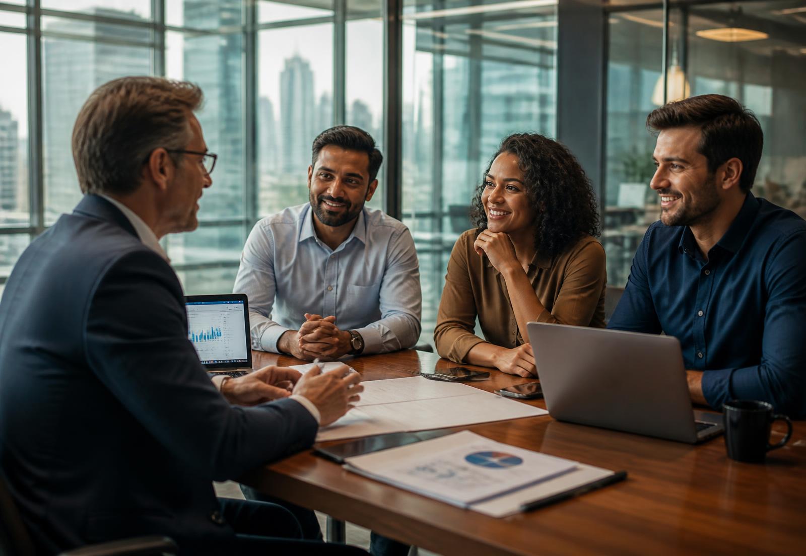 Entrepreneurs meeting with a financial advisor in a modern office